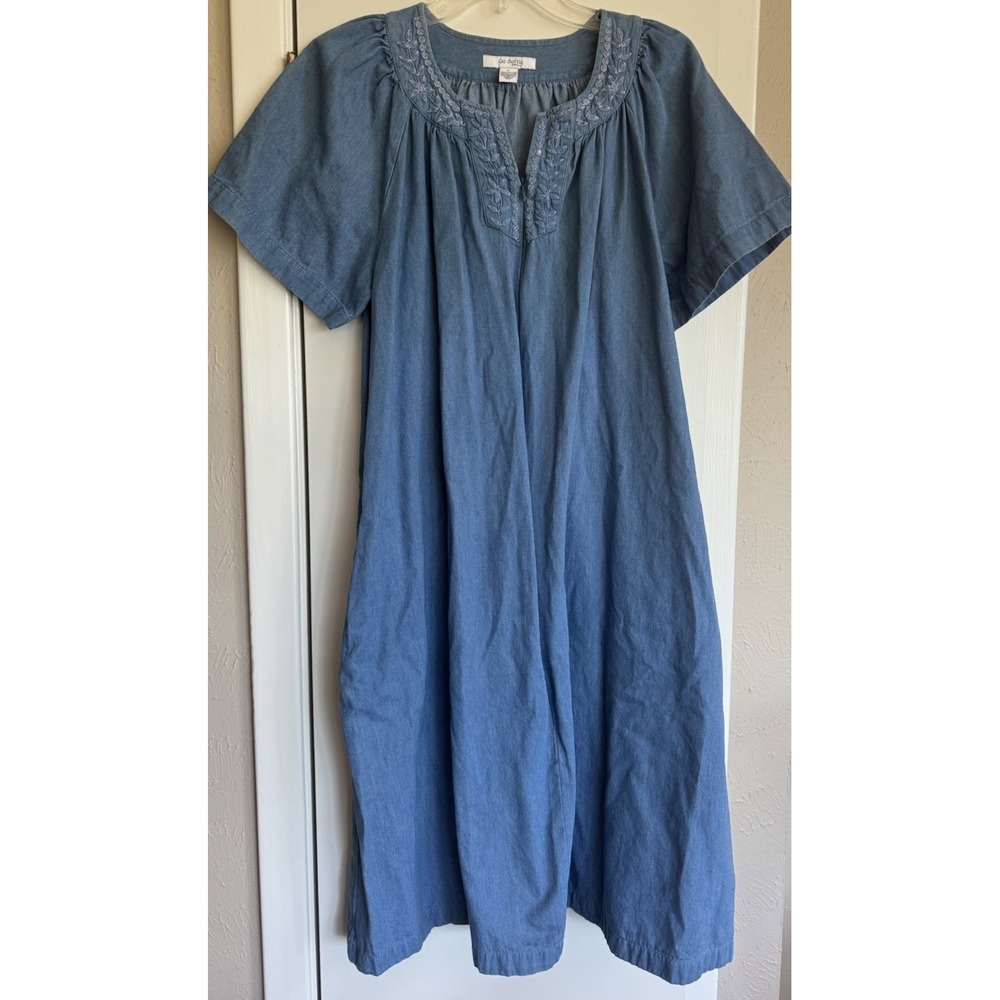 Go Softly Denim House Day Dress Mumu Kaftan Patio Large Granny Jean Embroidered